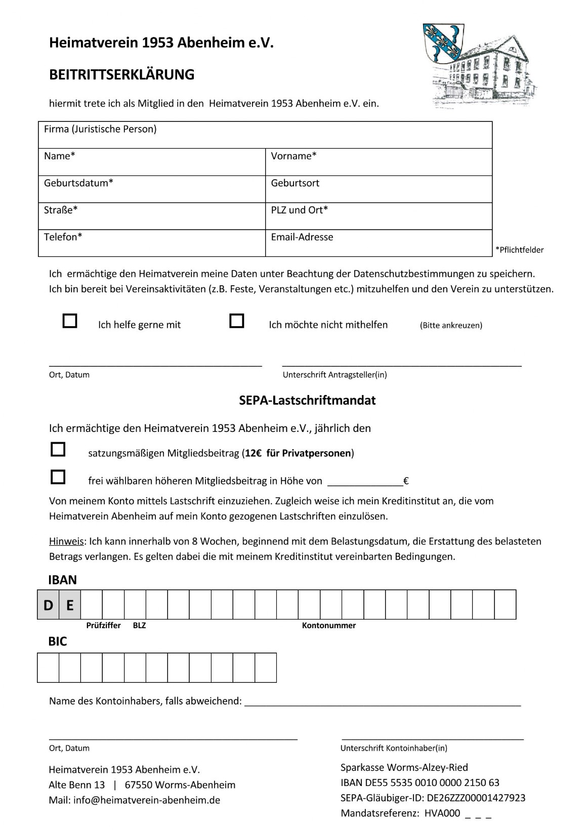 Beitrittserklärung Heimatverein Abenheim